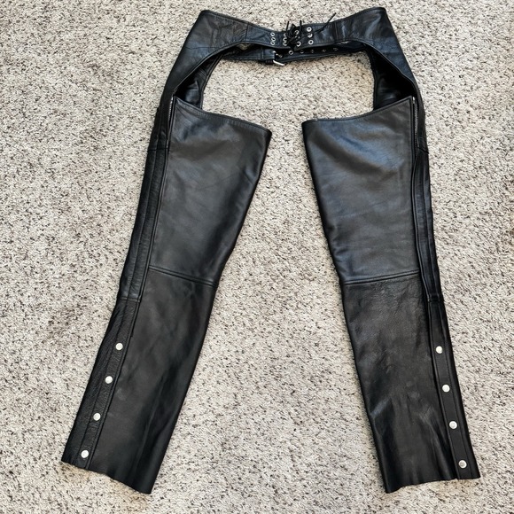 Street Steel Leather Chaps M Black Motorcycle Biker Deep Pocket Zip Snap Western